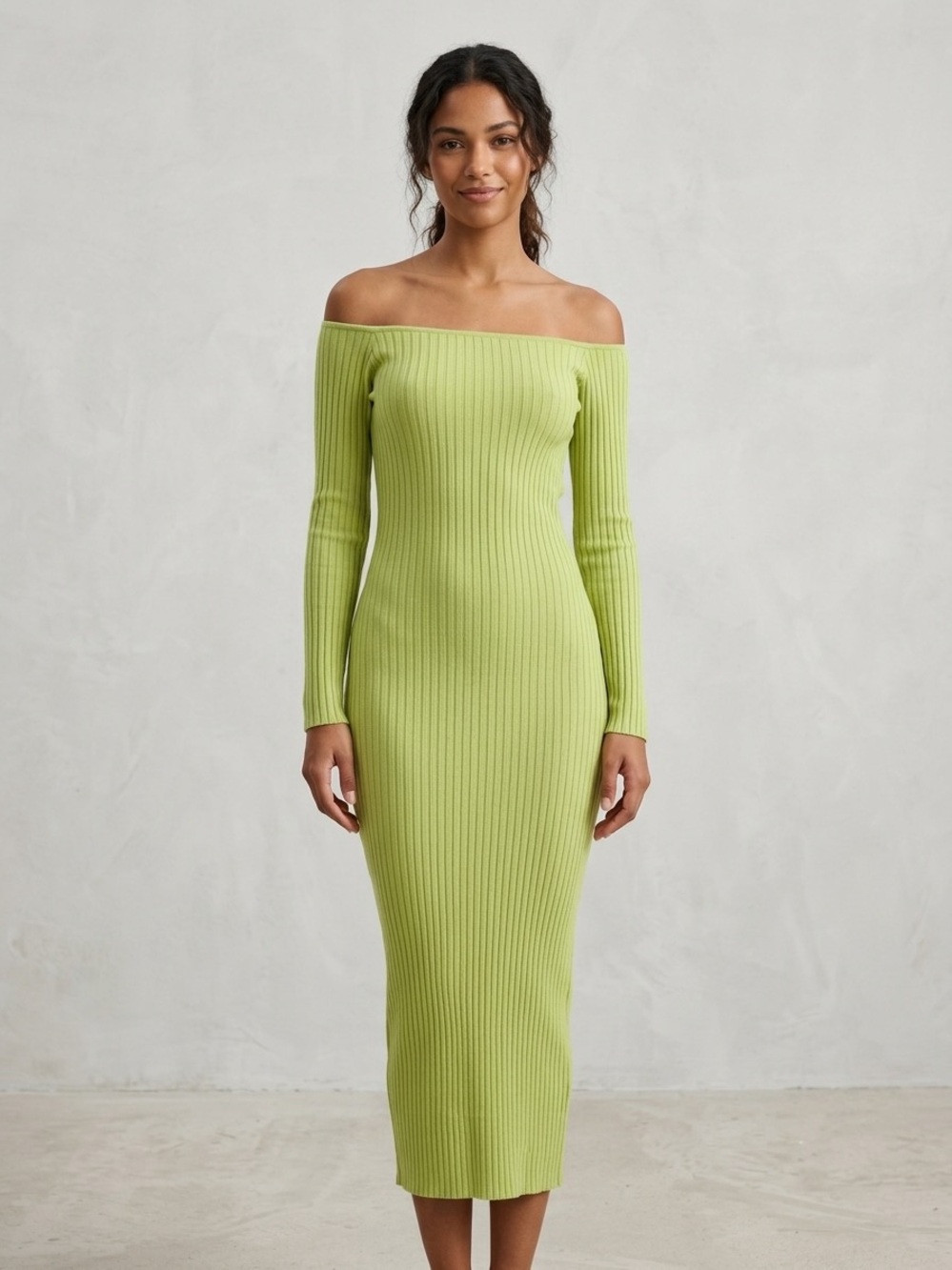 Off-Shoulder Ribbed Dress - Lime Green